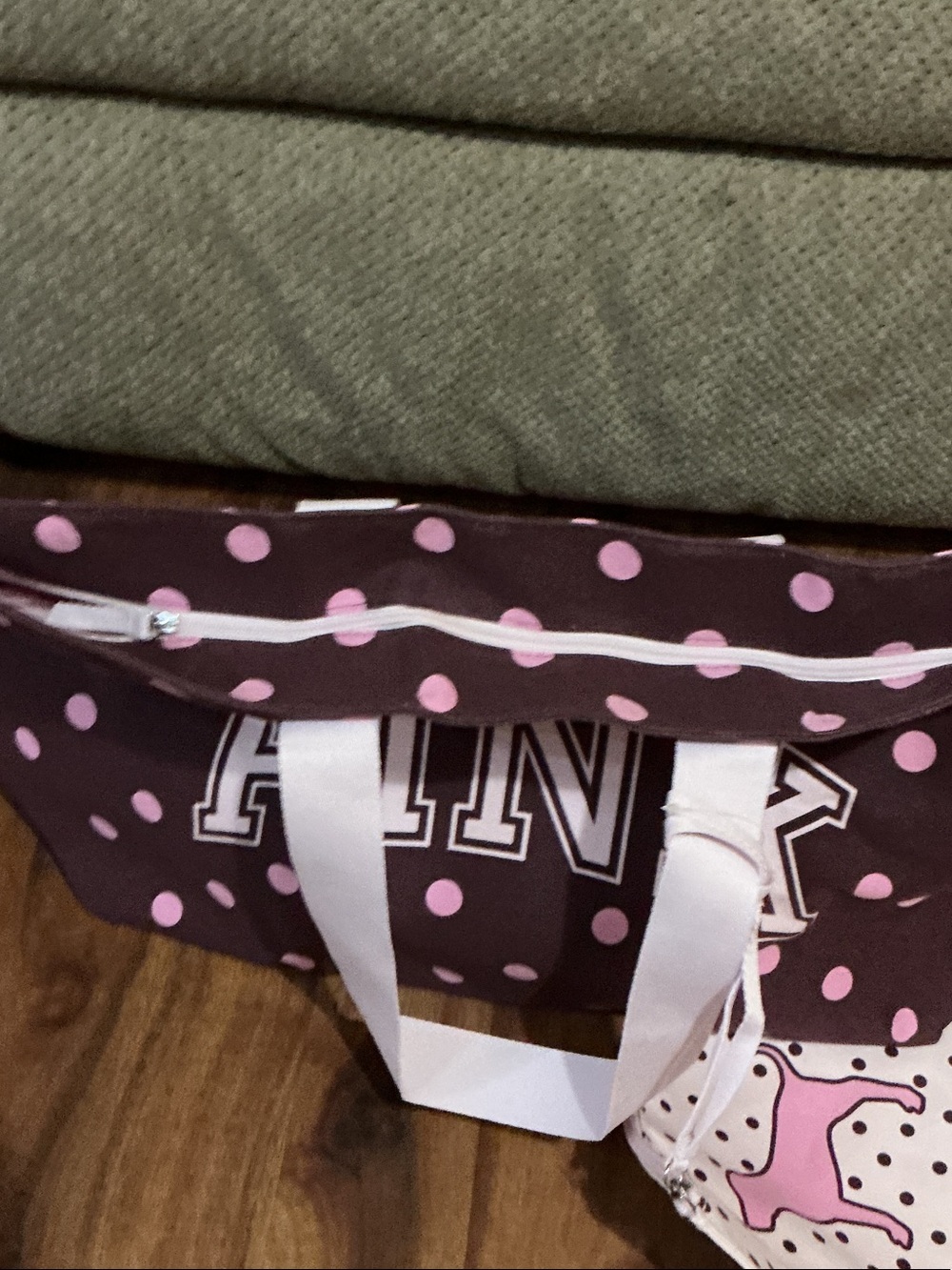 PINK Victoria's Secret Brown Tote with Pink Polka Dots and Matching Pouch nwt - Picture 6 of 8